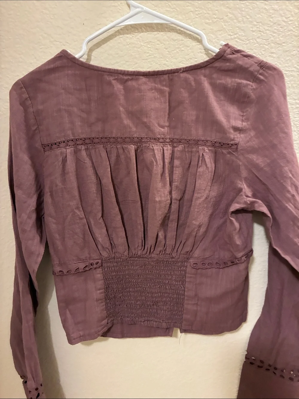 Free People Mauve Button-Front Eyelet Long Sleeve Top